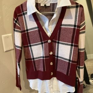 Plaid Burgundy Cardigan Sweater